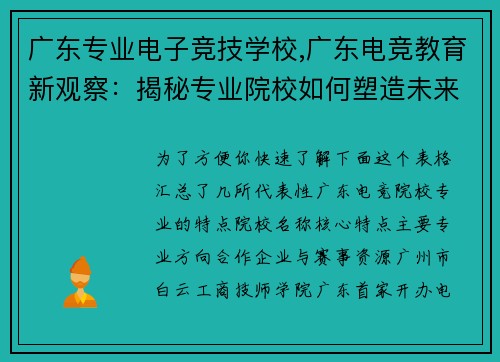 广东专业电子竞技学校,广东电竞教育新观察：揭秘专业院校如何塑造未来赛场精英